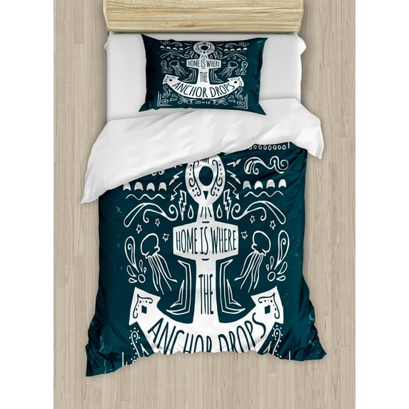 Ambesonne Anchor Duvet Cover Sets, Hand Drawn Hipster, 2-Twin, Dark Blue White