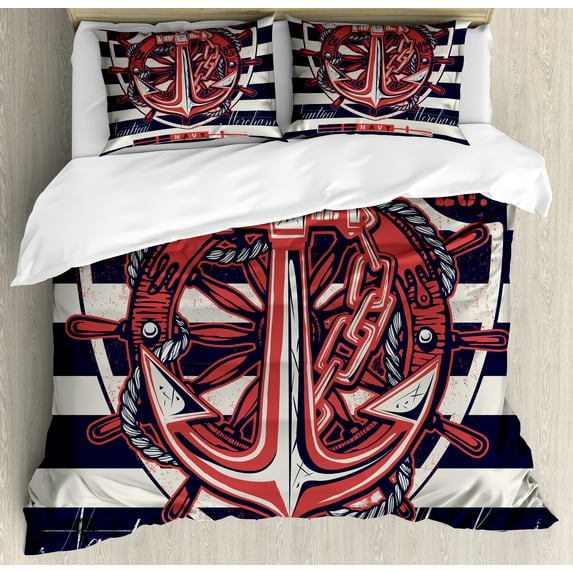 Ambesonne Anchor Duvet Cover Sets, Marine Design, 2-Queen, Beige Indigo Red