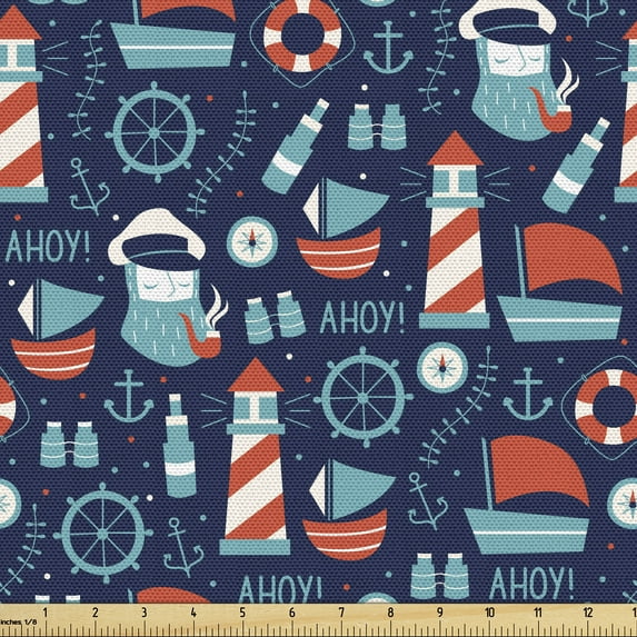 Ambesonne Anchor Fabric by the Yard Upholstery, Captain Boats and Helm, 3 Yards, Vermilion Pale Blue