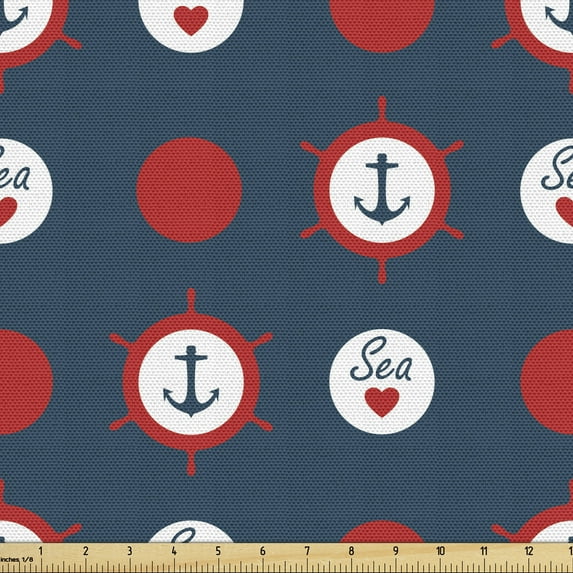 Ambesonne Anchor Fabric by the Yard Upholstery, Marine Ship Helm Design, 1 Yard, Night Blue Vermilion