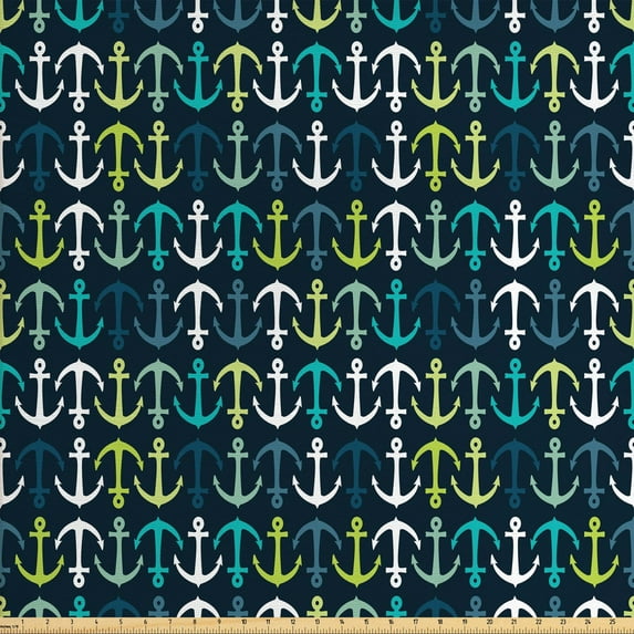 Ambesonne Anchor Fabric by the Yard Upholstery, Maritime Sailing Travel, 10 Yards, Dark Blue Green White