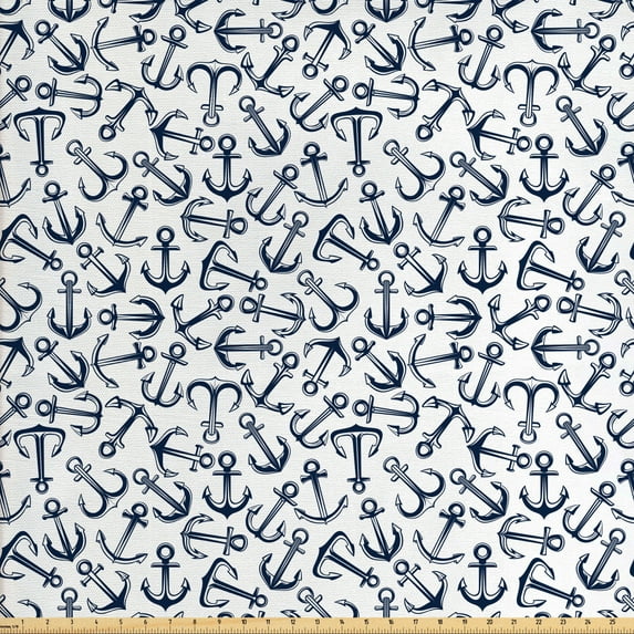 Ambesonne Anchor Fabric by the Yard Upholstery, Random Marine, 10 Yards, Dark Blue White