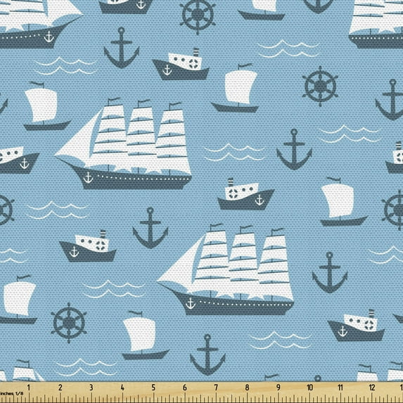Ambesonne Anchor Fabric by the Yard Upholstery, Ships Boats and Helms, 10 Yards, Blue Pale Blue and White
