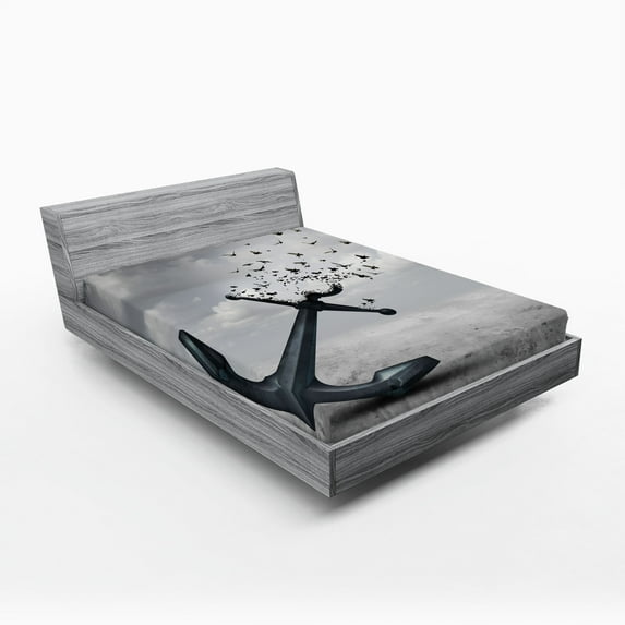 Ambesonne Anchor Fitted Sheet, Flying Seagulls Grey, Full Size, Grey