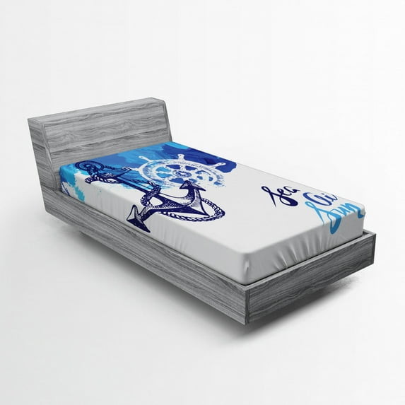 Ambesonne Anchor Fitted Sheet, Nautical Wheel Ocean, Twin XL Size, Blue and White