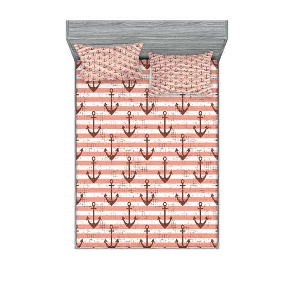 Ambesonne Anchor Fitted Sheet & Pillow Sham Set, Grunge Nautical, Full, Redwood Coral and White