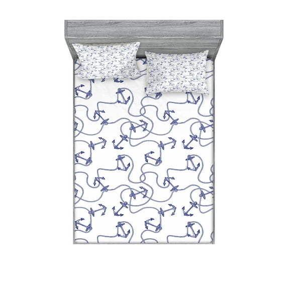 Ambesonne Anchor Fitted Sheet & Pillow Sham Set, Hand Drawn Anchors, Queen, undefined