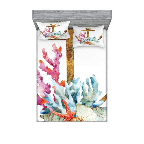 Ambesonne Anchor Fitted Sheet & Pillow Sham Set, Watercolor Starfish, Calking, Multicolor
