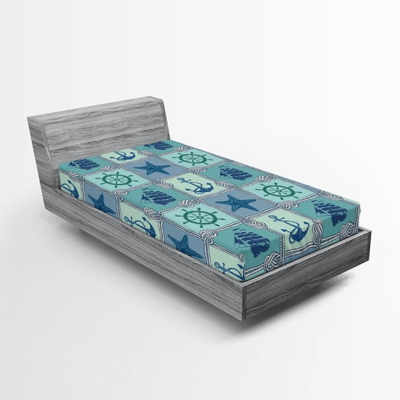 Ambesonne Anchor Fitted Sheet, Ships Wheel Turquoise, Twin XL Size, Turquoise Navy