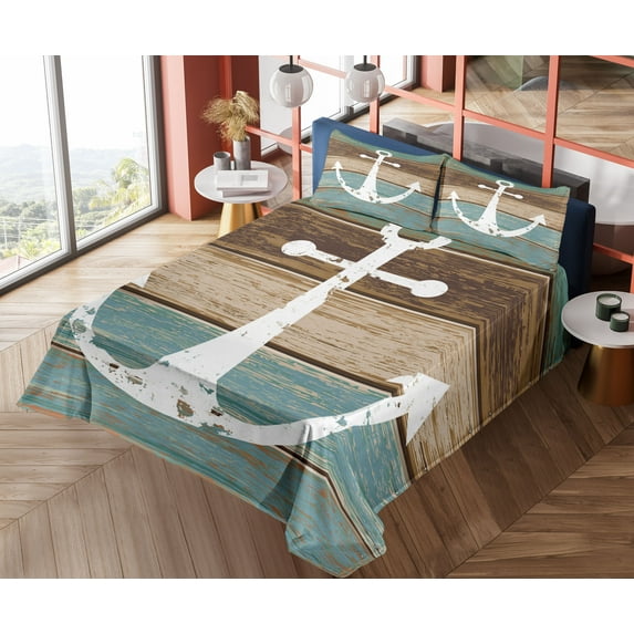 Ambesonne Anchor Fitted & Top Sheet Set with Shams, Grunge Marine Wooden Plank, Multicolor