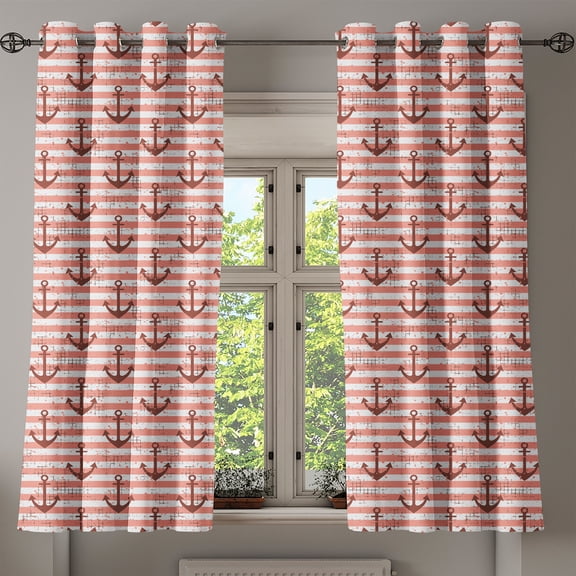 Ambesonne Anchor Grommet Curtain, Grunge Nautical, 50" x 54", Redwood Coral and White