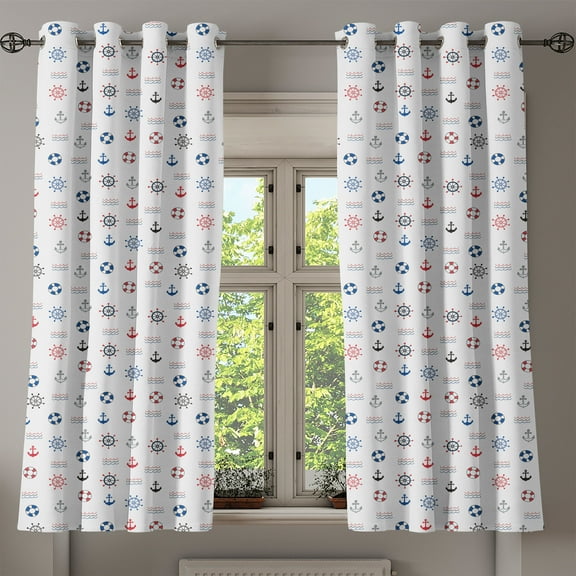 Ambesonne Anchor Grommet Curtain, Marine Nautical Wheel, 50" x 54", Blue and Red