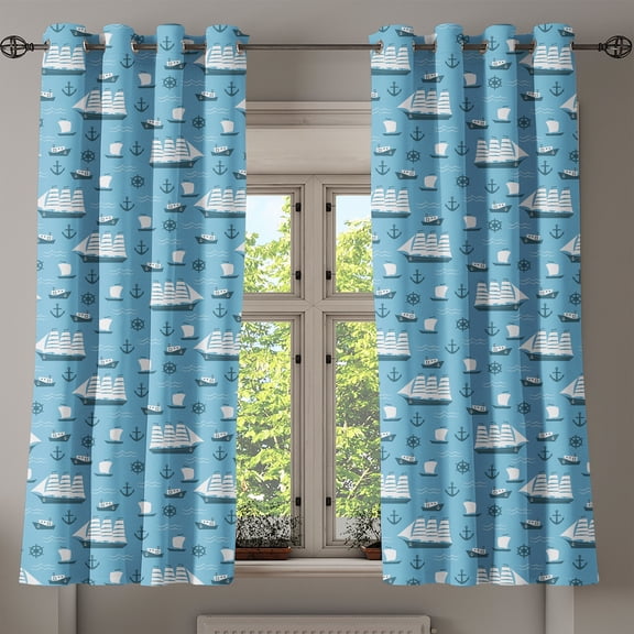 Ambesonne Anchor Grommet Curtain, Ships Boats and Helms, 50" x 54", Blue Pale Blue and White