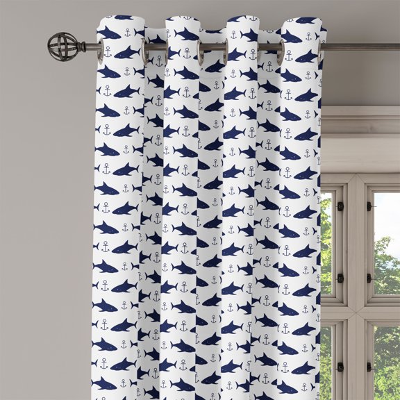 Ambesonne Anchor Grommet Curtain Single Panel, Aquatic Modern Sharks, 50"x60", Indigo White