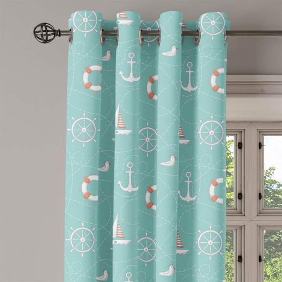 Ambesonne Anchor Grommet Curtain Single Panel, Nautical Seagull Helm, 50"x60", Seafoam Salmon and White