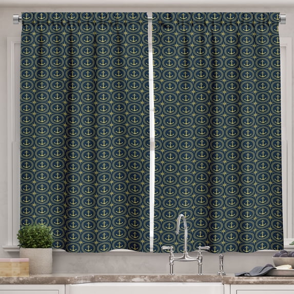 Ambesonne Anchor Kitchen Curtains, Cruise Travel Trip Theme, 55"x39", Indigo Yellow