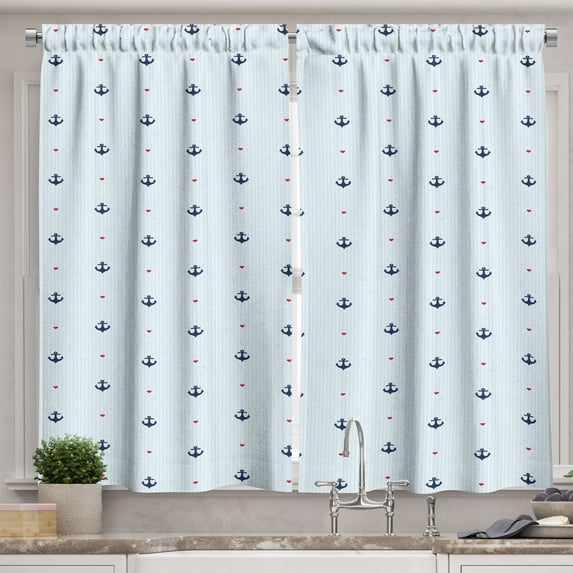 Ambesonne Anchor Kitchen Curtains, Red Hearts Nautical, 55"x39", Pale Blue Dark Blue Red
