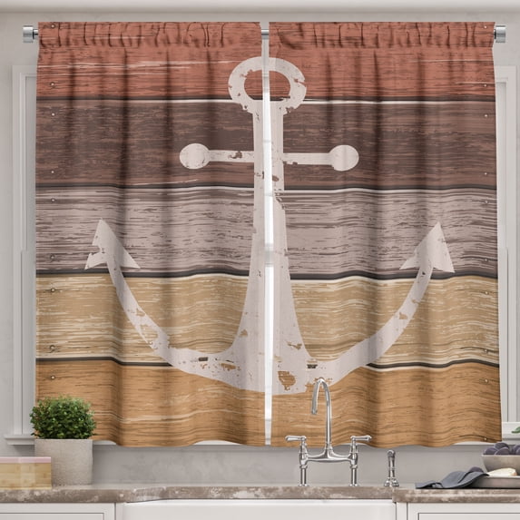 Ambesonne Anchor Kitchen Curtains, Rustic Nautical Theme Design, 55"x30", Mustard and Redbrown