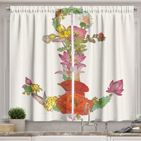 Ambesonne Anchor Kitchen Curtains, Spring Flowers Blooming, 55"x30", Multicolor