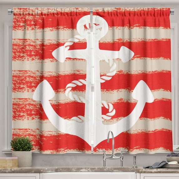 Ambesonne Anchor Kitchen Curtains, Stripes Nautical, 55"x45", Vermilion Cream