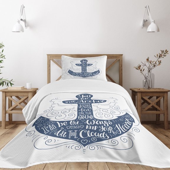Ambesonne Anchor Quilted Bedspread Set 2 Pcs, Doodle Marine Motif, Twin Size, Blue and White