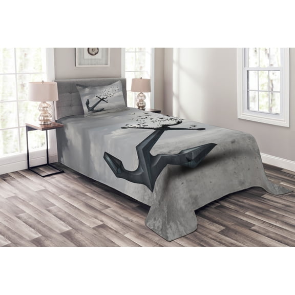 Ambesonne Anchor Quilted Bedspread Set 2 Pcs, Flying Seagulls Grey, Twin Size, Grey