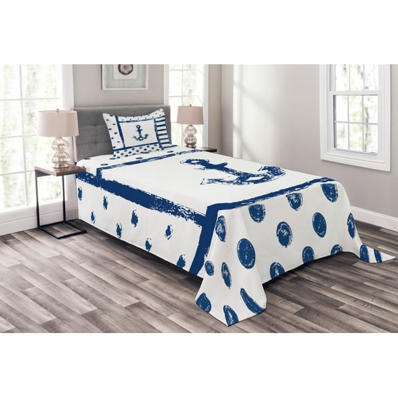 Ambesonne Anchor Quilted Bedspread Set 2 Pcs, Grunge Boat Navy Theme, Twin Size, Dark Blue White