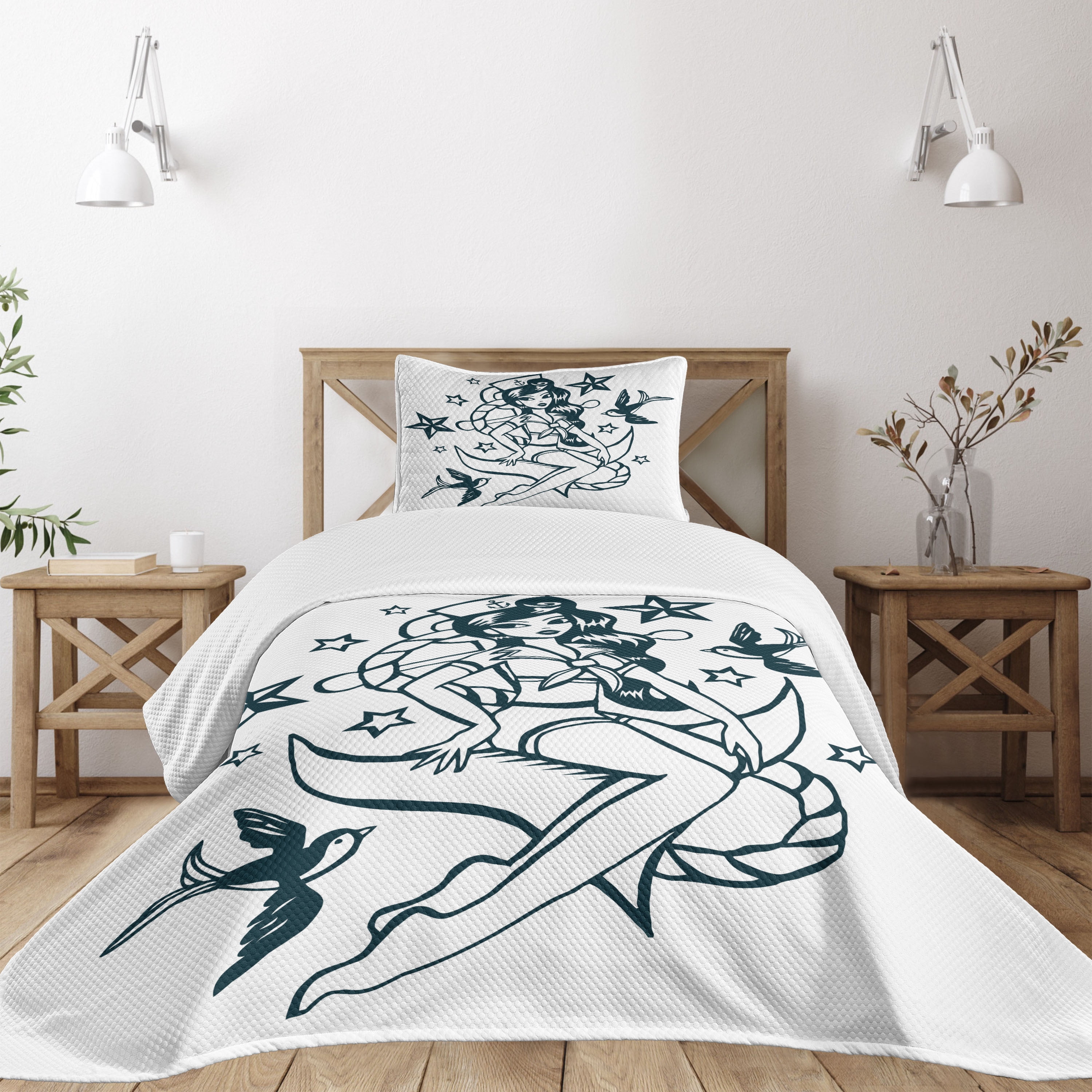 White Quilted Twin Bedspread Set with Pillow Sham