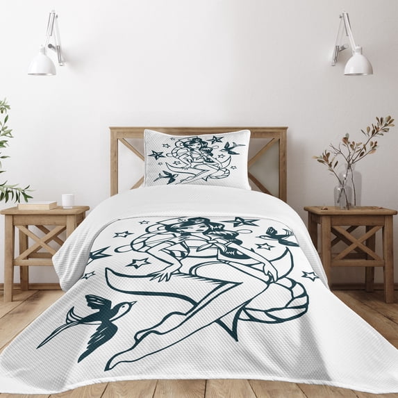 Ambesonne Anchor Quilted Bedspread Set 2 Pcs, Pin-up Girl Sailor Suit, Twin Size, Teal and White