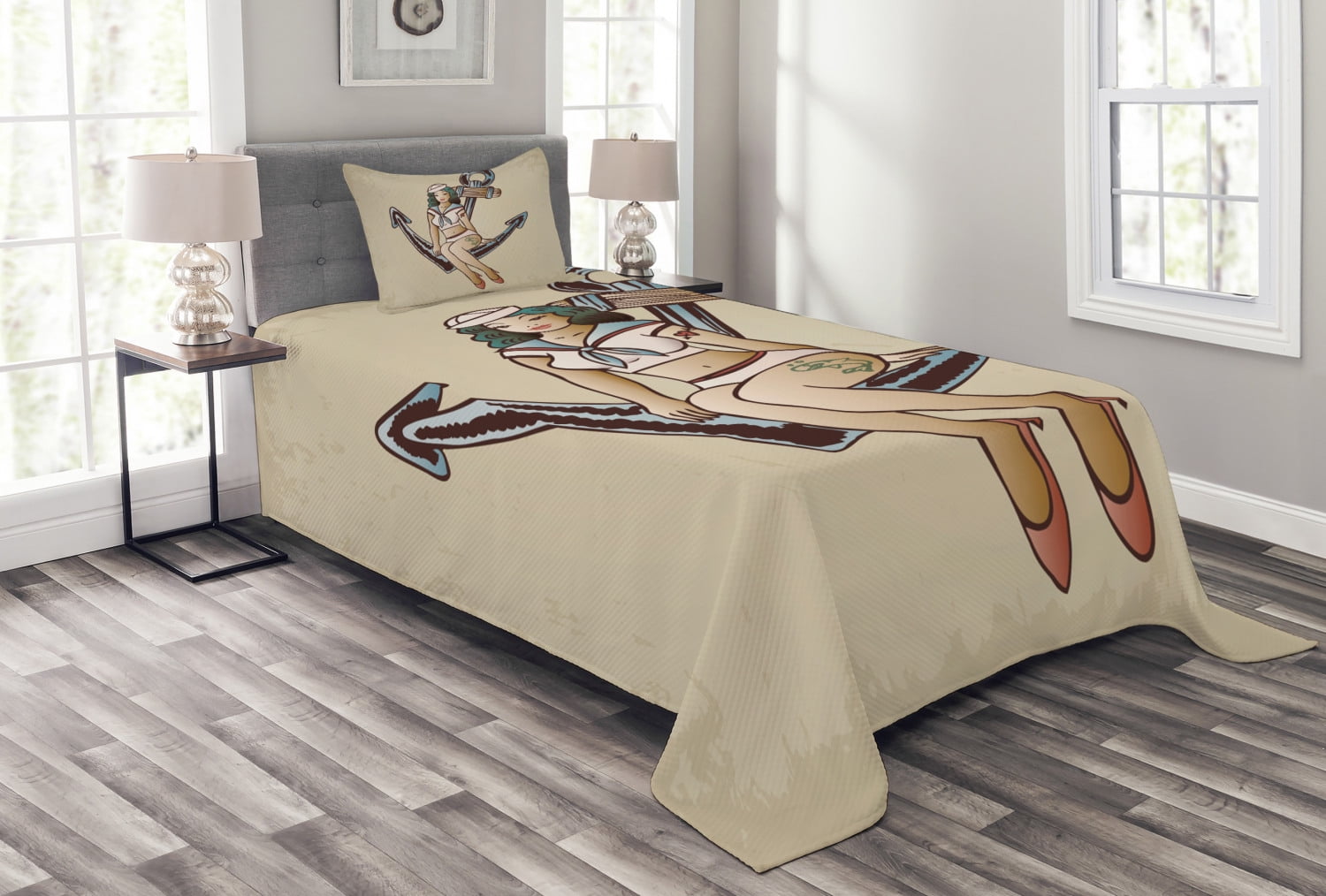 Twin White Quilted Bedspread Set with Anchor Design