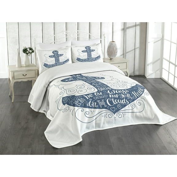 Ambesonne Anchor Quilted Bedspread Set 3 Pcs, Doodle Marine Motif, King Size, Blue and White