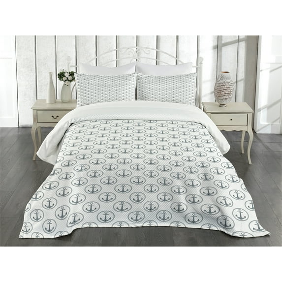 Ambesonne Anchor Quilted Bedspread Set 3 Pcs, Floral Art Marine, Queen Size, Black White