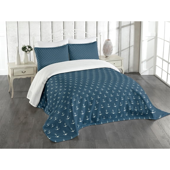 Ambesonne Anchor Quilted Bedspread Set 3 Pcs, Nautical Simple Classic, King Size, Blue White