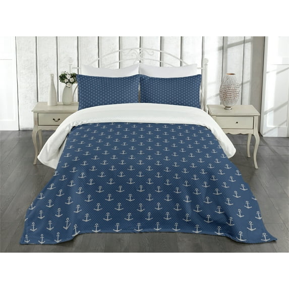 Ambesonne Anchor Quilted Bedspread Set 3 Pcs, Nordic Winter Hipster, Queen Size, Blue White