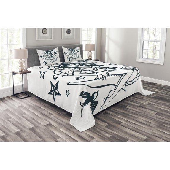 Ambesonne Anchor Quilted Bedspread Set 3 Pcs, Pin-up Girl Sailor Suit, King Size, Teal and White