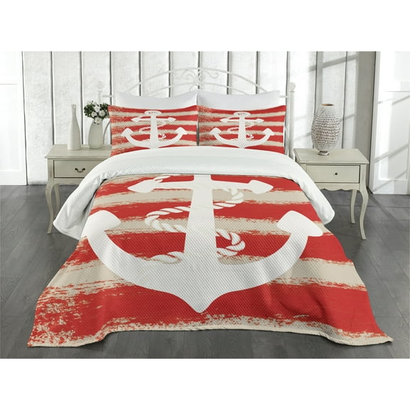 Ambesonne Anchor Quilted Bedspread Set 3 Pcs, Stripes Nautical, King Size, Vermilion Cream