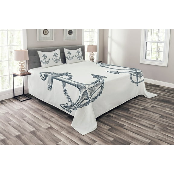 Ambesonne Anchor Quilted Bedspread Set 3 Pcs, Vintage Sketch of Anchor, Queen Size, Dark Teal White