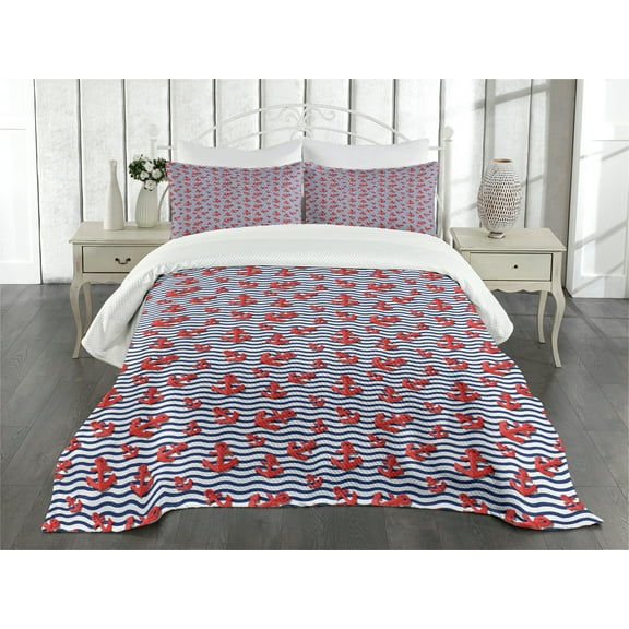 Ambesonne Anchor Quilted Bedspread Set 3 Pcs, Wavy Stripes 3D Style, King Size, Vermilion Navy Blue