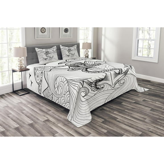 Ambesonne Anchor Quilted Bedspread Set 3 Pcs, Zentangle Ocean Clouds, Queen Size, Black and White