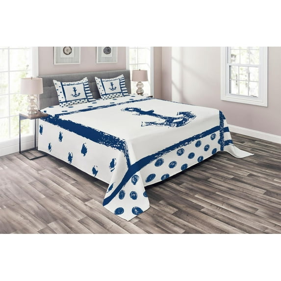 Ambesonne Anchor Quilted Coverlet 3 Pcs, Grunge Boat Navy Theme, Queen Size, Dark Blue White
