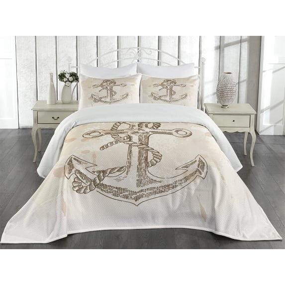 Ambesonne Anchor Quilted Coverlet 3 Pcs, Navy Summer Holiday, Queen Size, Brown Cream