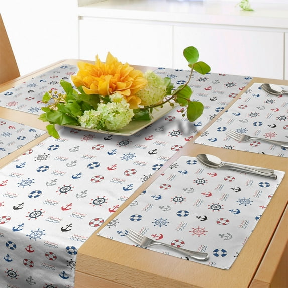 Ambesonne Anchor Table Runner & Placemats, Marine Nautical Wheel, Placemat 4 pcs + Runner 14"x90", Blue and Red