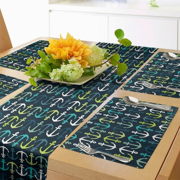 Ambesonne Anchor Table Runner & Placemats, Maritime Sailing Travel, Placemat 4 pcs + Runner 14"x90", Dark Blue Green White