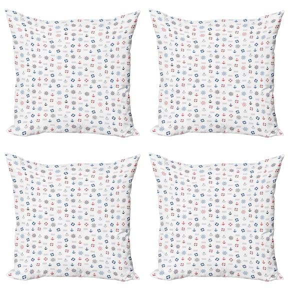 Ambesonne Anchor Throw Pillow Cover 4 Pack, Marine Nautical Wheel, 18", Blue and Red