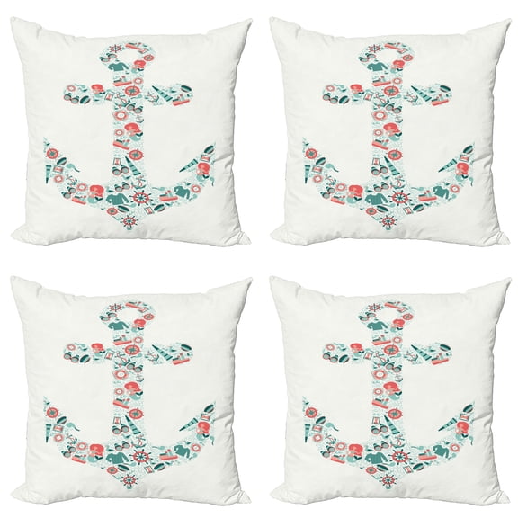Ambesonne Anchor Throw Pillow Cover 4 Pack, Nauticial Marine, 20", Seafoam Coral Teal