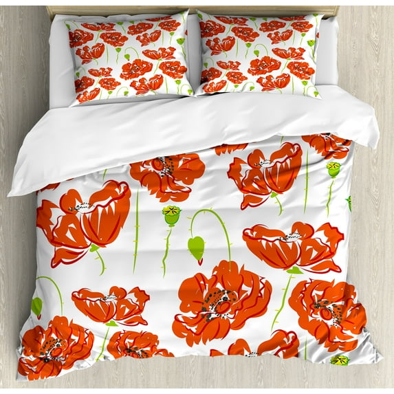 Ambesonne Anemone Flower Duvet Cover Sets, Doodle Poppies, 2-Queen, Orange White Lime Green