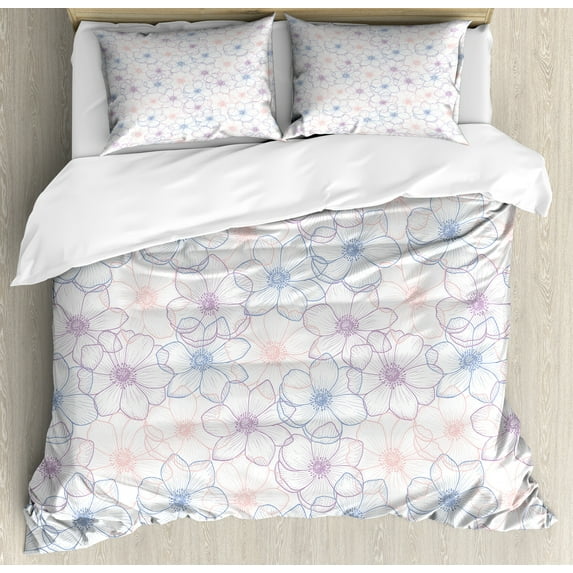 Ambesonne Anemone Flower Duvet Cover Sets, Pastel Petals, 2-King, Dried Rose Slate Blue