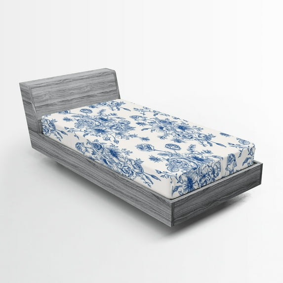 Ambesonne Anemone Flower Fitted Sheet, Blue Floral Corsage, Twin Size, Night Blue White