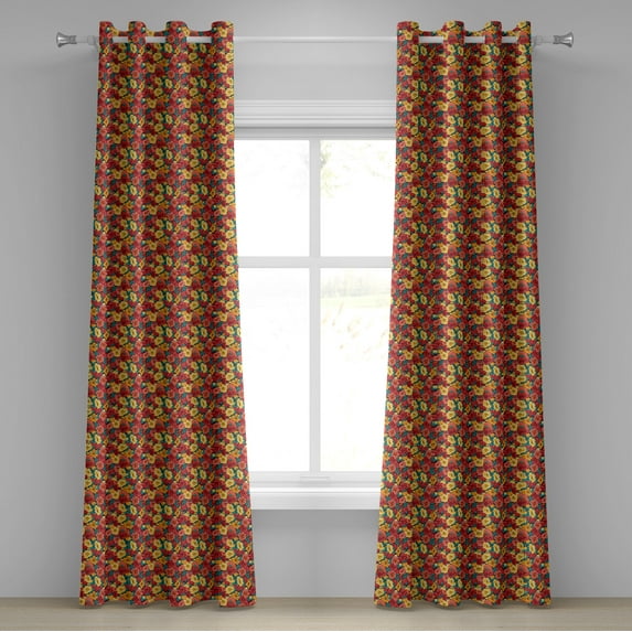 Ambesonne Anemone Flower Grommet Curtain, Retro Romantic, 50" x 108", Dark Coral Teal Yellow