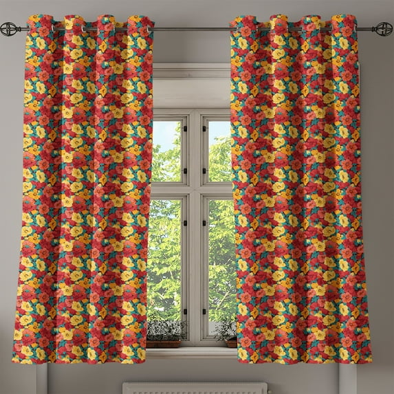 Ambesonne Anemone Flower Grommet Curtain, Retro Romantic, 50" x 54", Dark Coral Teal Yellow